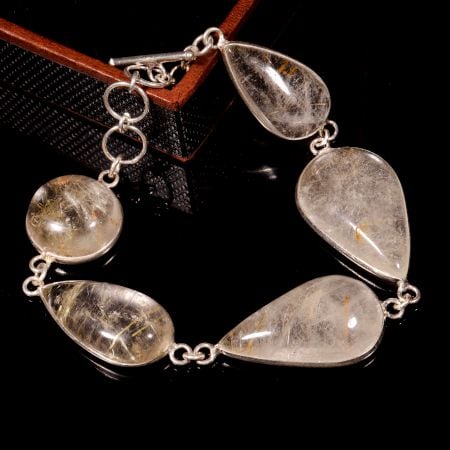 Golden Rutile stone bracelet for women, Brass silver plated bracelet for women, handmade jewelry